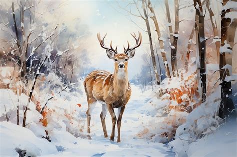 Premium Photo Painting Of A Deer In A Snowy Forest With Trees And
