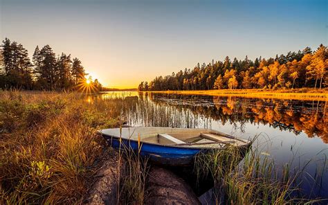 Autumn In Sweden Autumn Forest Sunset Sunrise Lake Boat