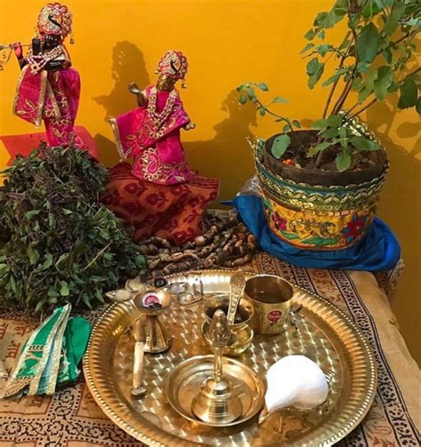 Tulsi Plant With Radha Krishna And Offering Plate