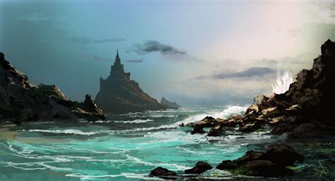 Fantasy Art Digital Art Rock Sea Waves Castle Clouds Drawing