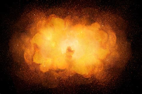 Realistic Bomb Explosion Orange Color With Sparks Isolated On Black