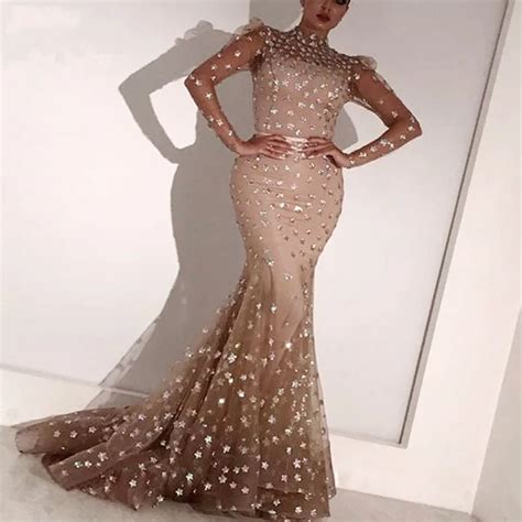Dubai Prom Gowns Evening Gown See Through Long Sleeves Robe De Soiree