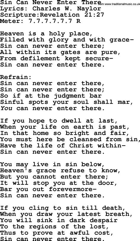 Good Old Hymns - Sin Can Never Enter There - Lyrics, Sheetmusic, midi