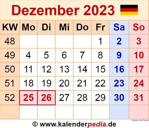 Kalender Dezember 2023 Als Excel Vorlagen