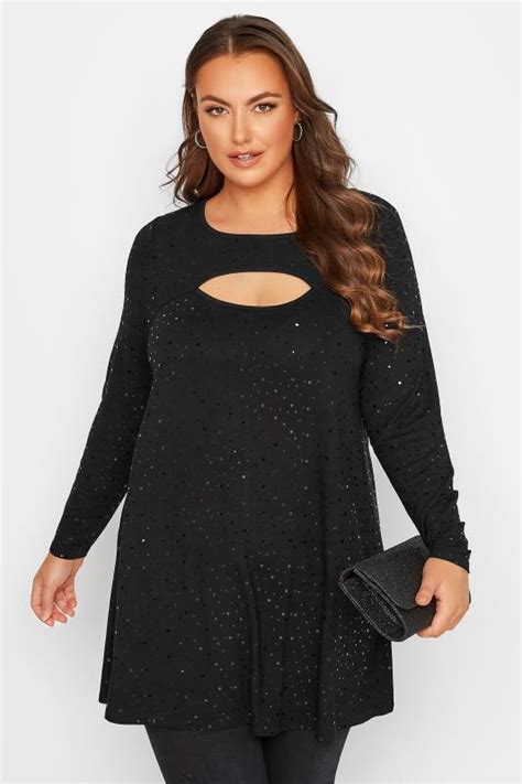 Plus Size Black Sequin Cut Out Swing Top Yours Clothing