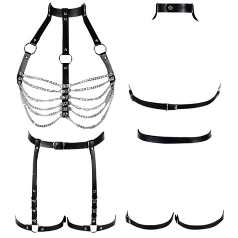 Goth Rave Leather Body Harness Bra Sexy Lingerie Garter Belt Set Full Bondage Adjust Metal Chain