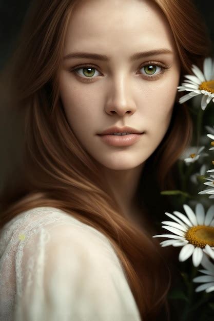 Premium Ai Image Portrait Of A Beautiful Greeneyed Girl With Daisies Closeup Portrait