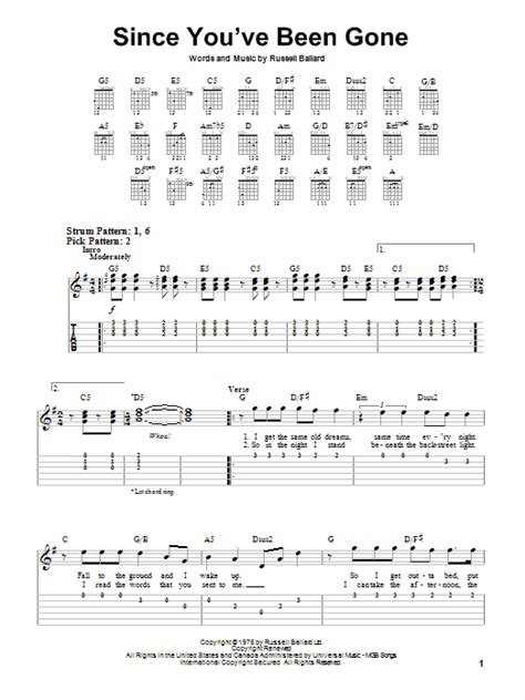 since you ve been gone sheet music rainbow easy guitar tab