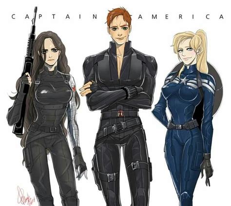 Genderbent Captain America Bucky Black Widow Marvel Superheroes