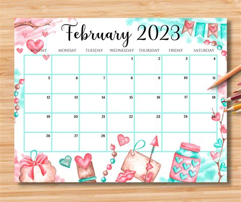 Editable February 2023 Calendar Happy Valentine With Sweet Hearts