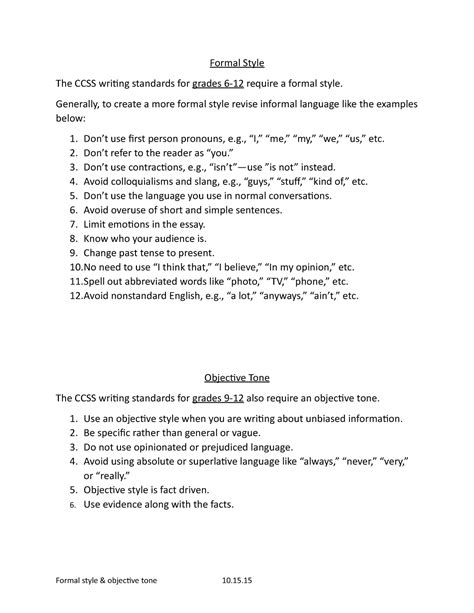 Formal Style Objective Tone Formal Style The Ccss Writing Standards