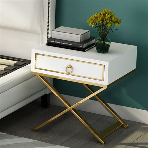 Drawer with mango wood diamonds, and medium density fibre board (e1) diamonds covered with a brass film handles: White/Black Bedside Table Gold Storage Nightstand with ...