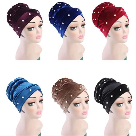 Women Velvet Muslim Cap Turban Beads Headscarf With Pearl Middle East