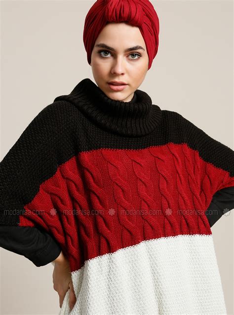 Red Black Polo Neck Unlined Acrylic Poncho