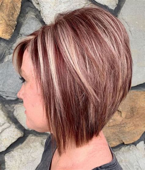 Long Stacked Auburn Bob With Blonde Highlights Inverted Bob Haircuts