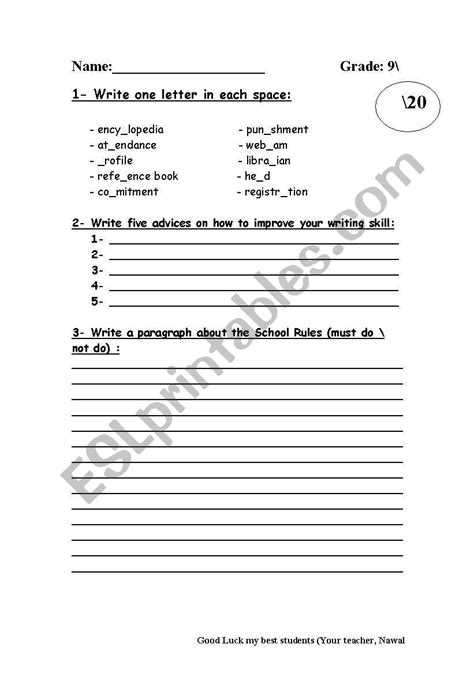 English Worksheets Writing Exam For Grade 9