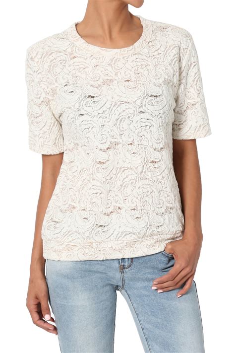 Themogan Womens Short Sleeve Crew Neck Lace Knit Pullover Blouse Cream