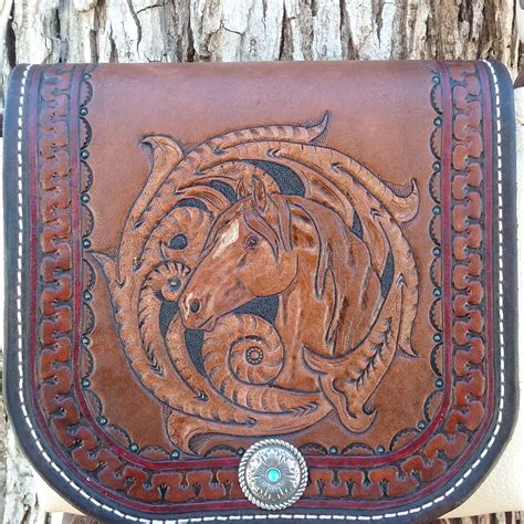 Hand Carved Tooled And Painted Leather Messenger Style Horse Purse