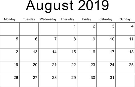 Blank August 2019 Printable Calendar Free Calendar Template