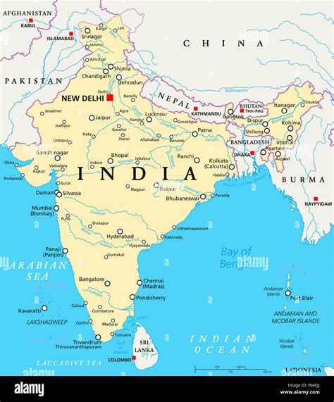 India Political Map With Capital New Delhi National Borders Stock