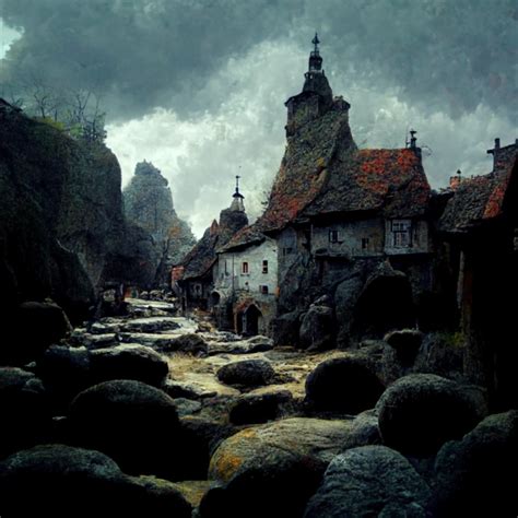 Dark Realistic Medieval Village Between Rocks Midjourney Openart