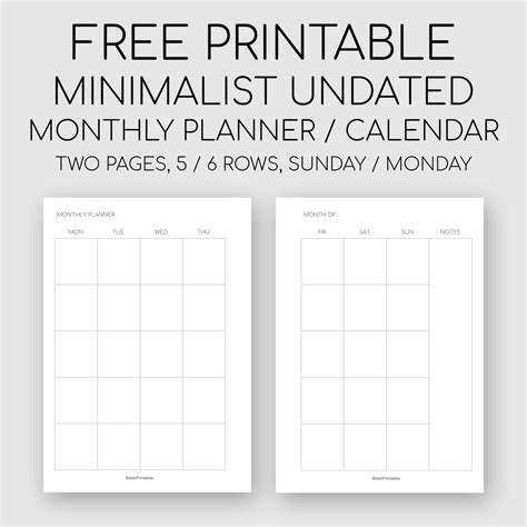 Free Printable Minimalist Monthly Planner Undated Calendar Month On