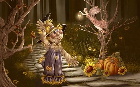 Cute And Happy Scarecrow Cute Autumn Scarecrow Sunflowers Halloween Pumpkins Hd Wallpaper