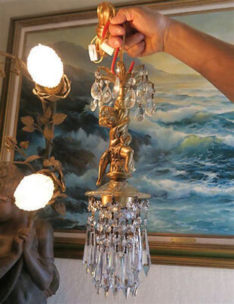 Cherub Swag Plugin Lamp Chandelier Metal Gold Tone Glass Clear Etsy