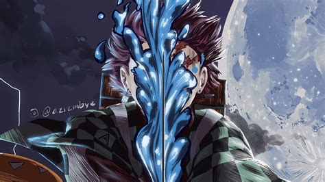 Demon Slayer Tanjiro Kamado With Sword Full Of Blue With Background Of