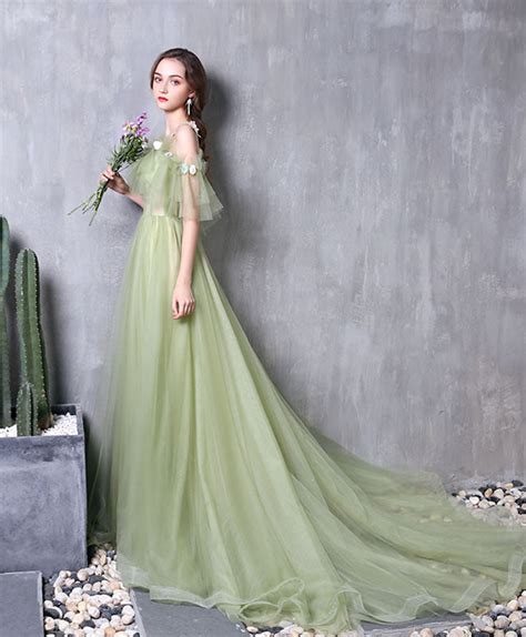 Green Tulle Lace Long Prom Dress Green Evening Dress Shopluu
