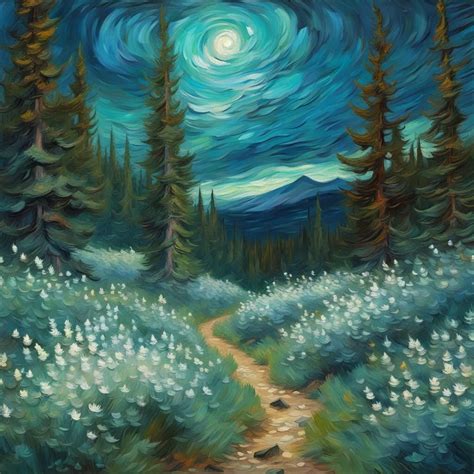 Blue Spruce Forest Rocky Trail With White Wildflowers Aurora Borealis