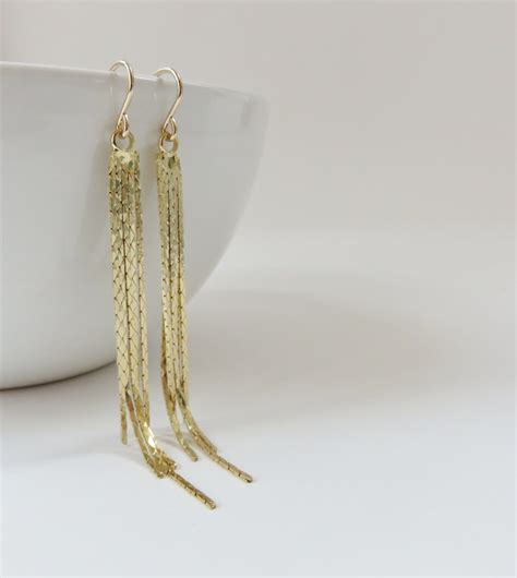 Long Gold Tassel Earrings Graduated 5 Strand Tapered Gold