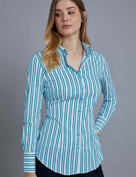 Womens Blue And White Bi Stripe Fitted Shirt Single Cuff Hawes And Curtis