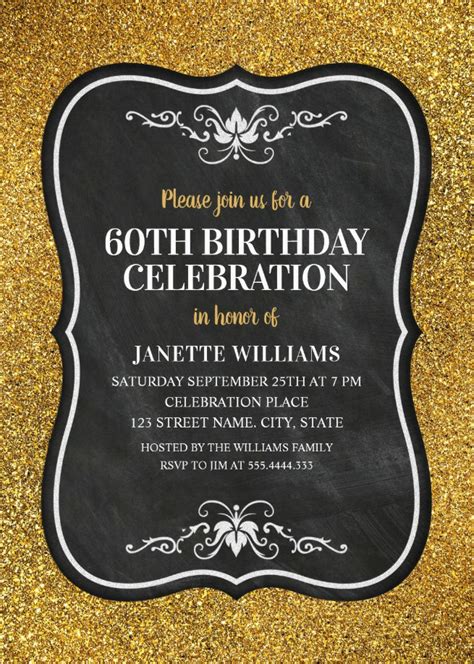 Glitter Adult 60th Birthday Party Invitations Chalkboard Gold
