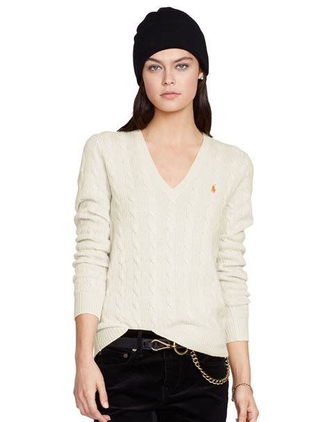Polo Ralph Lauren Cable Knit V Neck Sweater In Natural Lyst