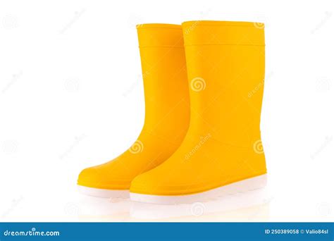 Yellow Rubber Boots Isolated On White Background Kids Shoes Stock