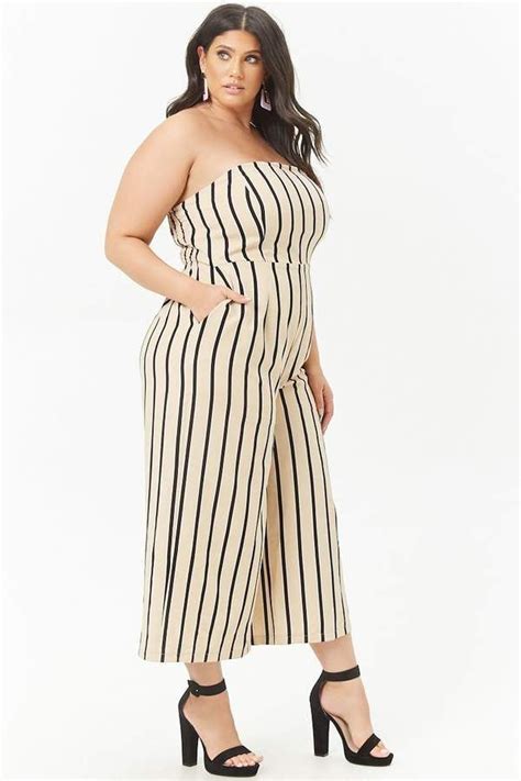 Forever 21 Plus Size Striped Strapless Wide Leg Jumpsuit Stripe Outfits Plus Size Posing