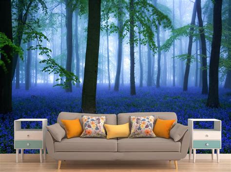 Mural Fantasy Forest Wallpaper Peel And Stick Blue Landscape Etsy