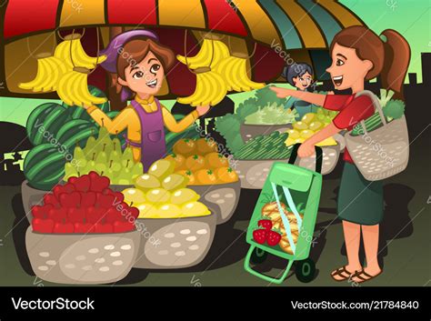 Fruit Seller At Farmers Market With A Customer Vector Image