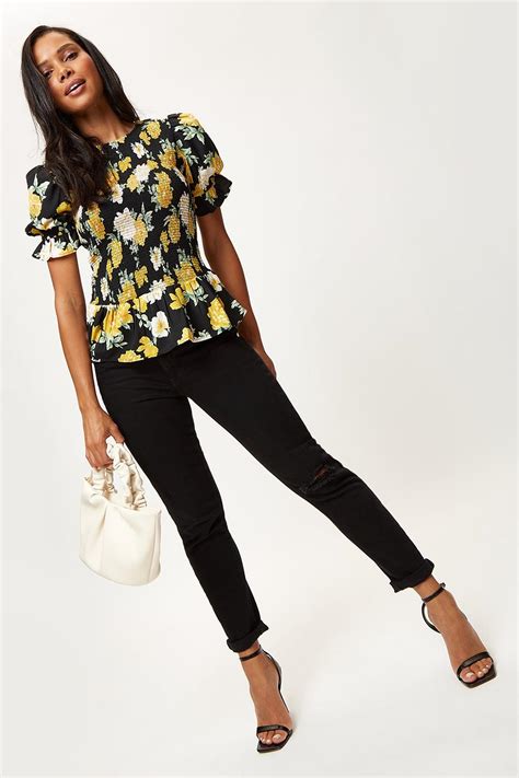 Yellow Floral Shirred Bodice Top Dorothy Perkins Uk