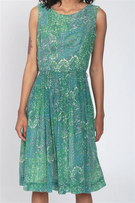 60s psychedelic dress green print mod midi pleated dress 1960s hippie high waist vintage gogo