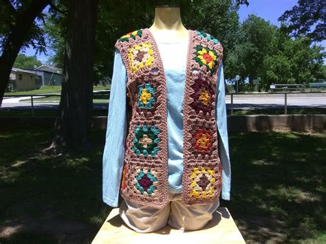 Granny Square Vest Open Front Patchwork Vest Ladies Retro Granny Vest