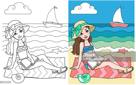 Coloring Page Girl In Swimsuit Rest At The Seashore Stock Illustration Download Image Now Istock