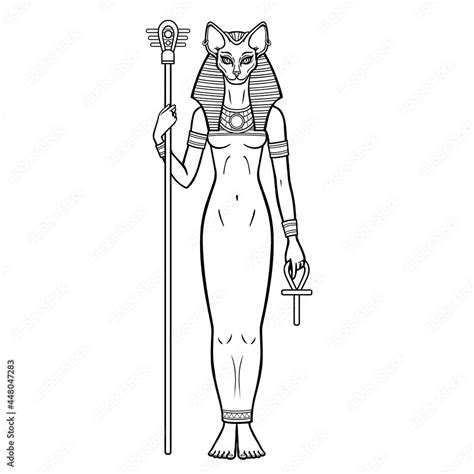 Animation Portrait Ancient Egyptian Goddess Bastet Bast Holds Symbols Of Power Staff And