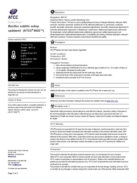 Bacillus Subtilis Subsp Spizizenii Atcc Product Sheet Pdf Atcc
