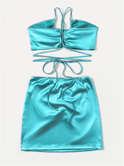 Shein Icon Crisscross Knot Satin Crop Top And Skirt Set Shein Usa