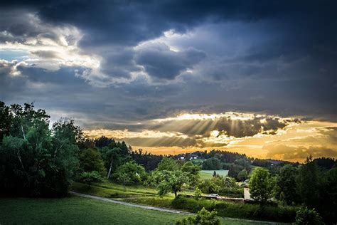 Sunrays Behind Clouds Landscape Photography Mountains Trees