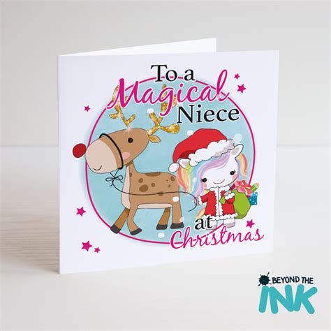 personalised unicorn with a reindeer relation christmas card beyond the ink