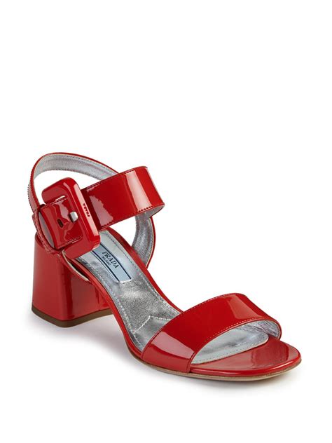 Lyst Prada Patent Leather Mid Heel Sandals In Red