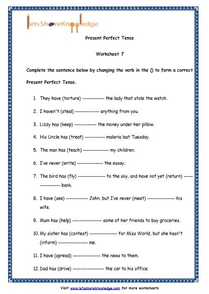 Tenses Worksheet For Grade 4